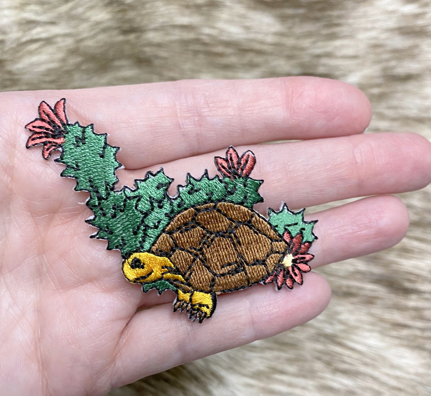 Brown-shelled Turtle with Flowering Cactus - Walking Left - Iron on Applique - Embroidered Patch