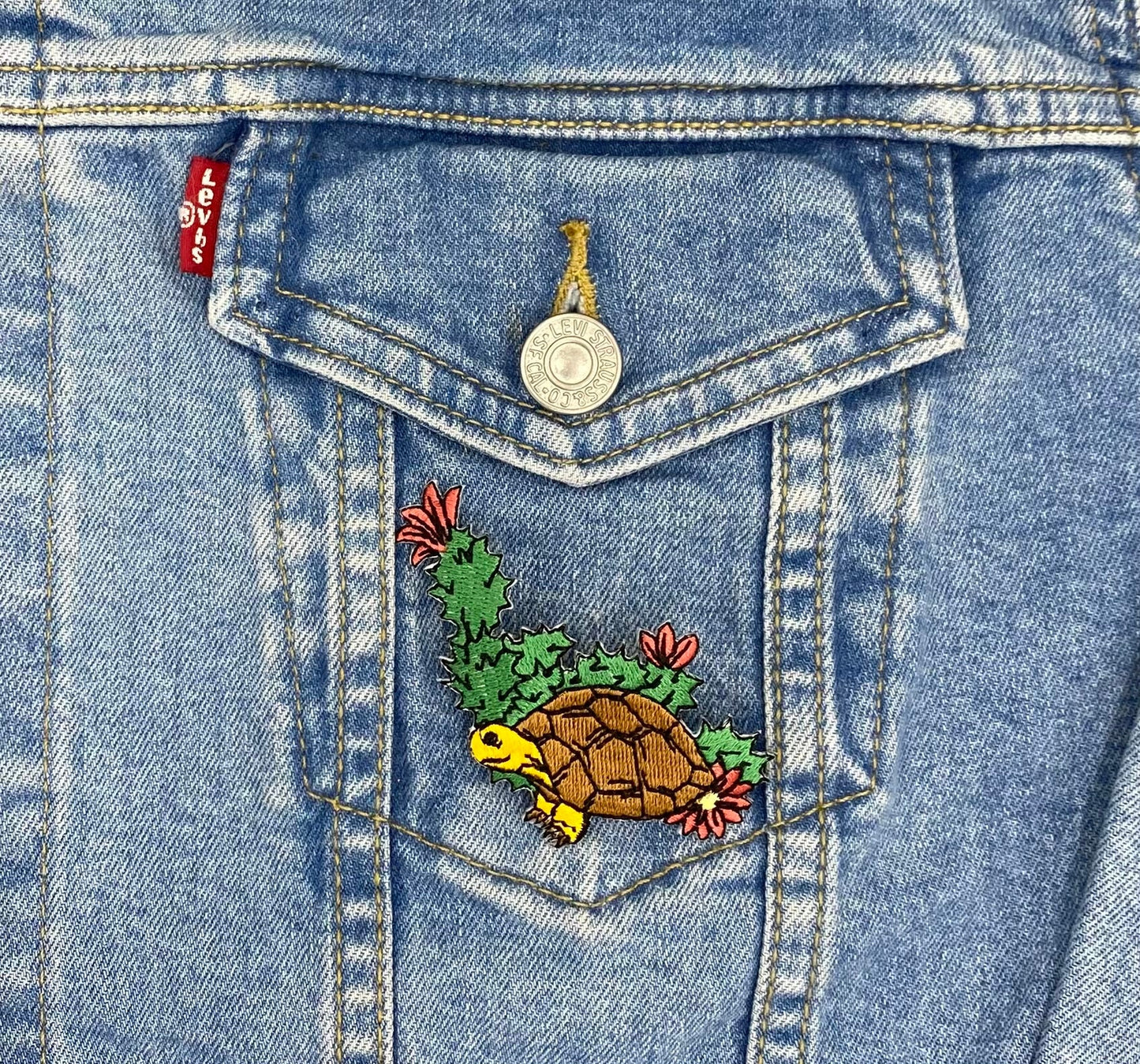 Brown-shelled Turtle with Flowering Cactus - Walking Left - Iron on Applique - Embroidered Patch