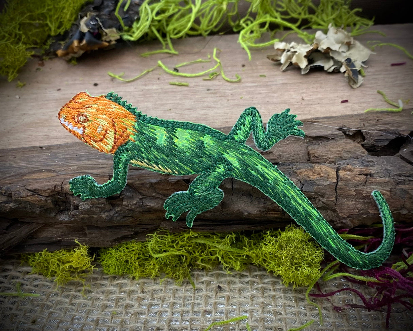 Red-headed Agama - Green Shimmery Lizard - Embroidered Iron on Patch