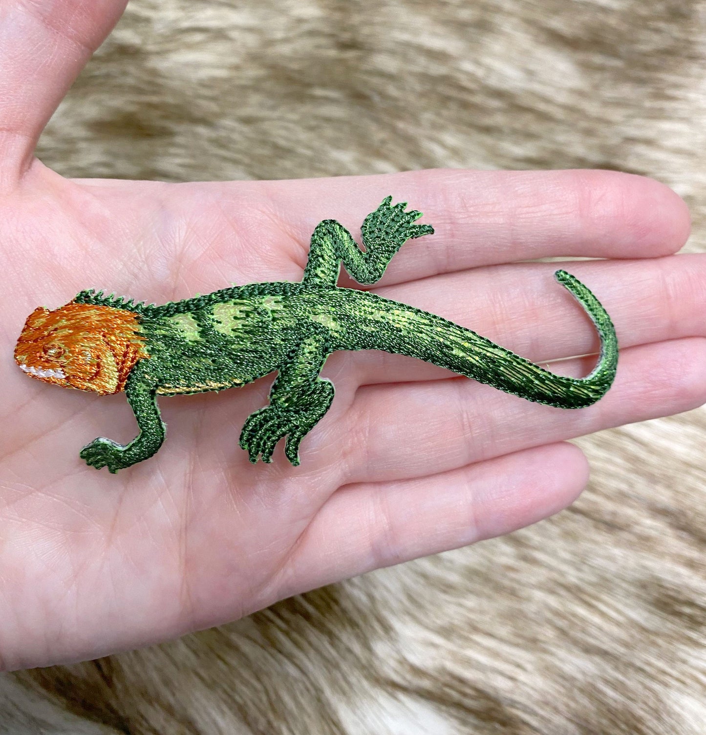 Red-headed Agama - Green Shimmery Lizard - Embroidered Iron on Patch