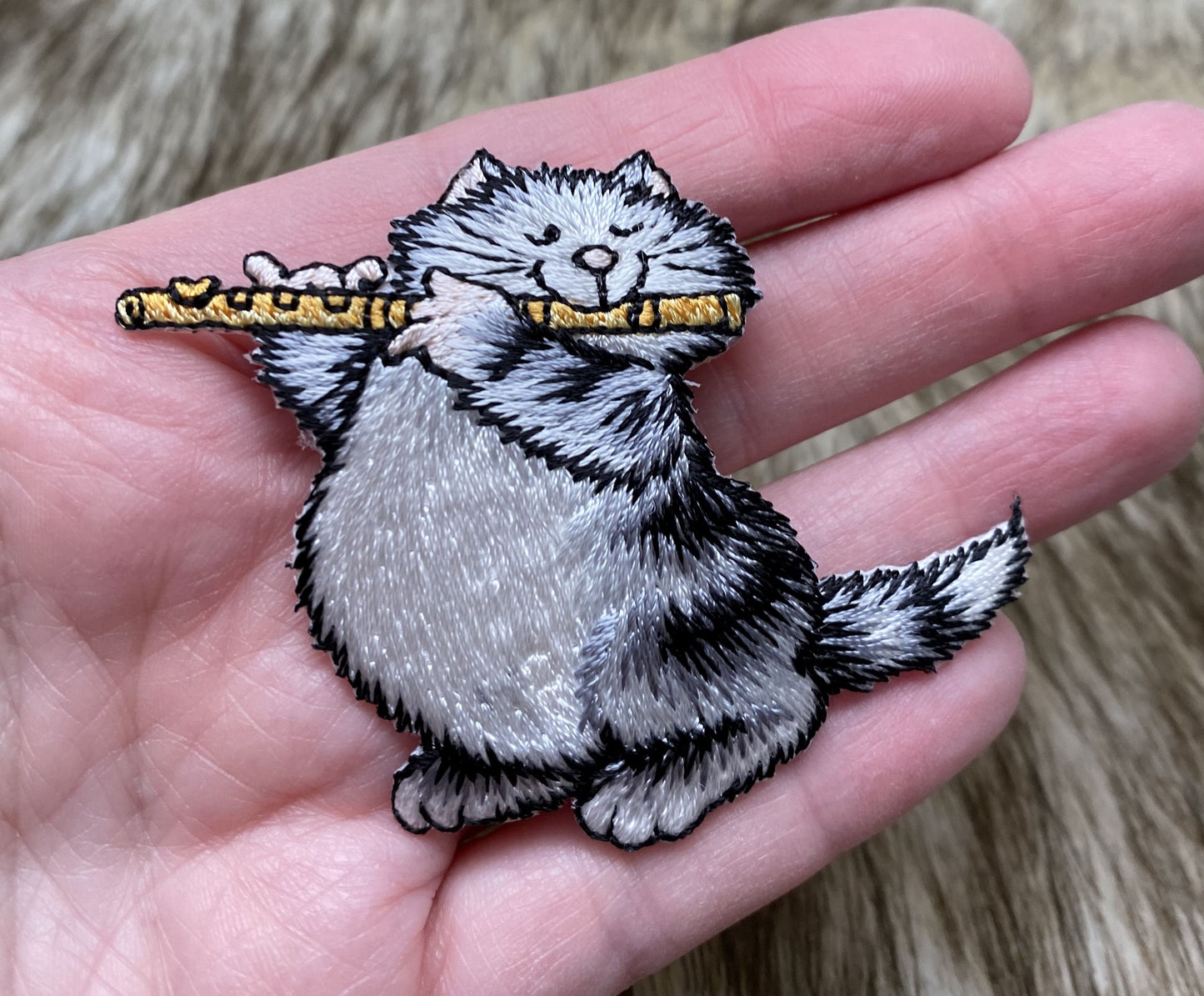 Gray Kitty Cat Playing Flute, Pets, Kitten, Embroidered, Iron-on Patch