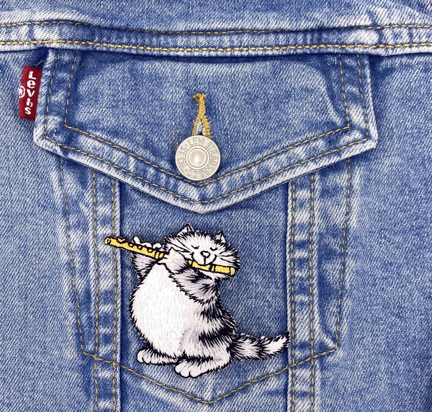 Gray Kitty Cat Playing Flute, Pets, Kitten, Embroidered, Iron-on Patch