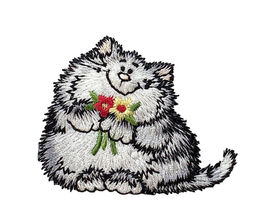 Gray Kitty Cat with Red & Yellow Flowers, Pets, Embroidered, Iron on Patch