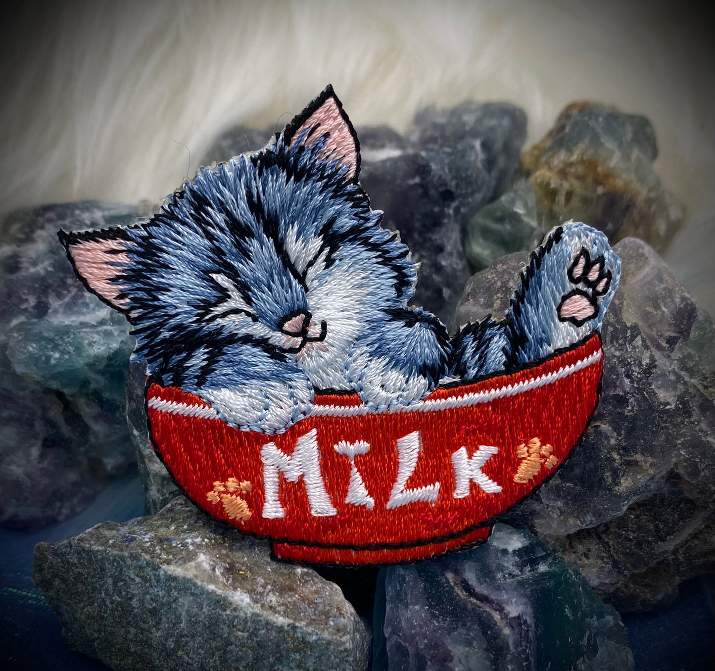 Cat in Red Milk Bowl Embroidered Iron on Patch