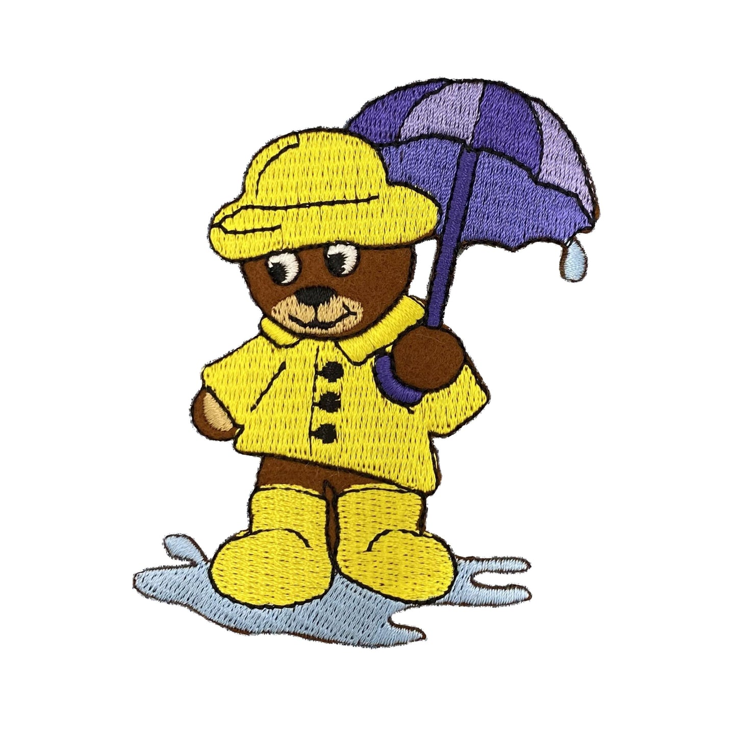 Bear Wearing Raincoat and Boots, Umbrella, Embroidered, Iron-on Patch