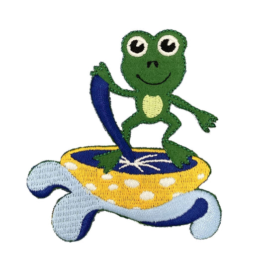 Frog Riding a Mushroom on the Waves, Embroidered, Iron-on Patch