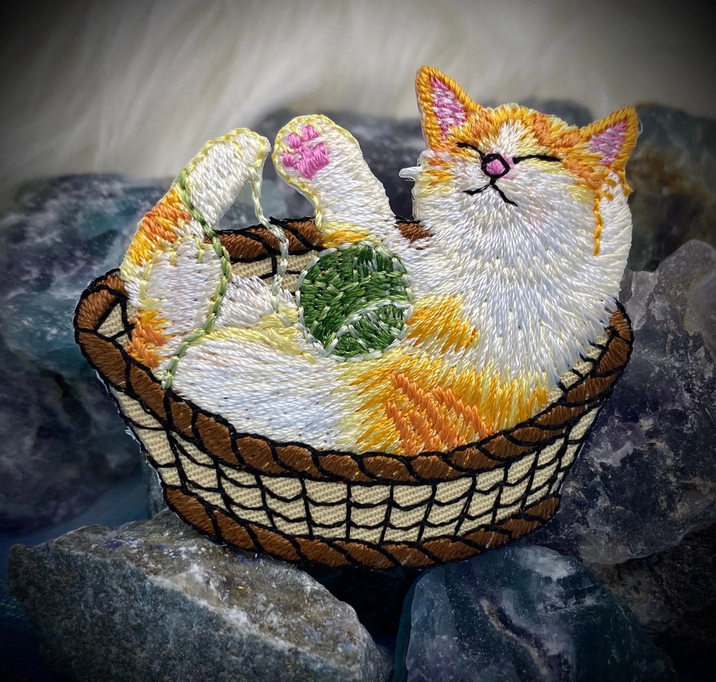 Cat in Basket, Playing with Yarn Ball, Pets, Kitten, Embroidered, Iron on Patch