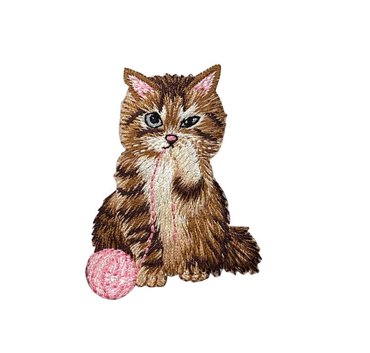 Brown Cat, Playing Pink Yarn Ball, Pets, Kitten, Embroidered, Iron on Patch