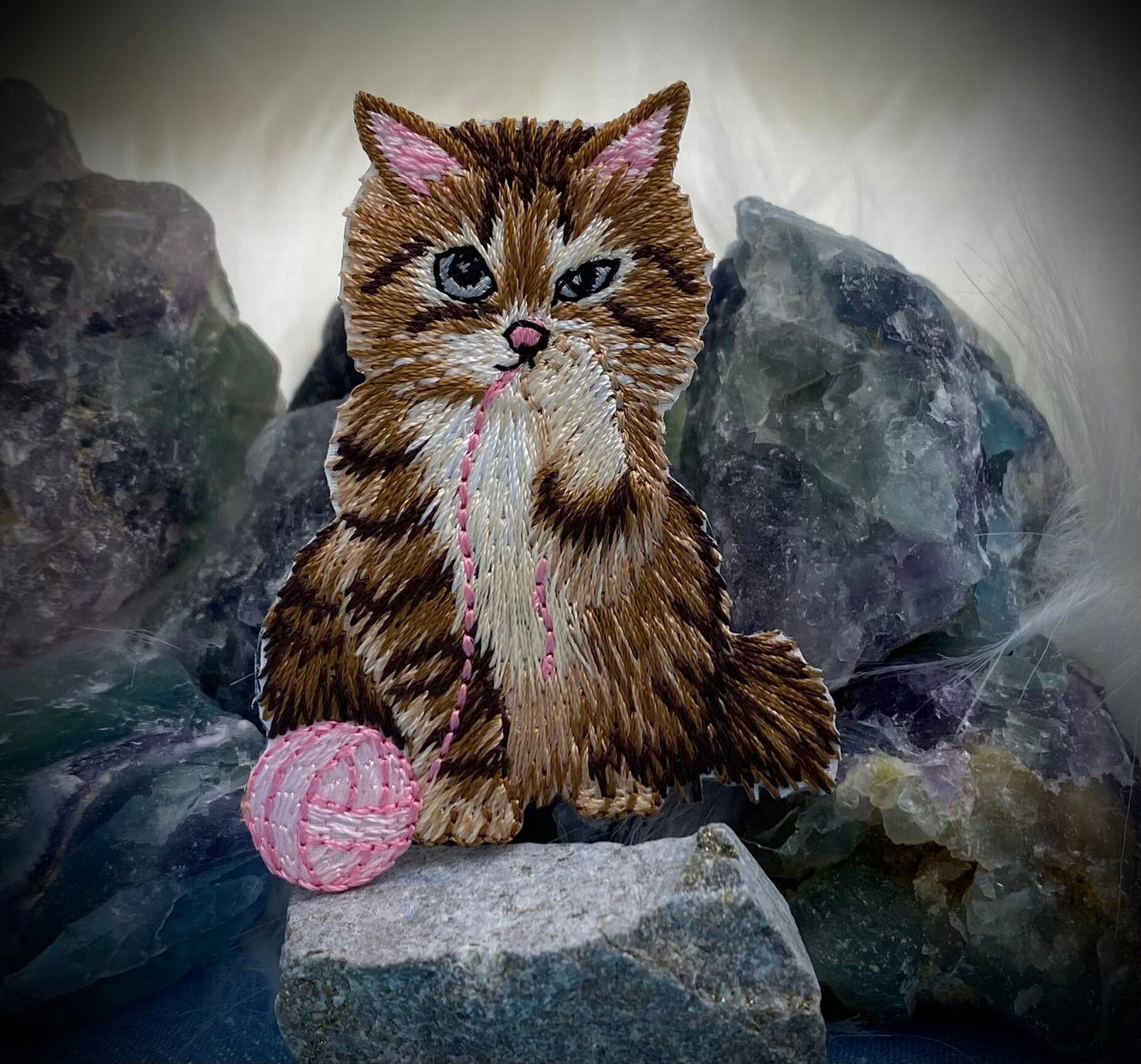 Brown Cat, Playing Pink Yarn Ball, Pets, Kitten, Embroidered, Iron on Patch