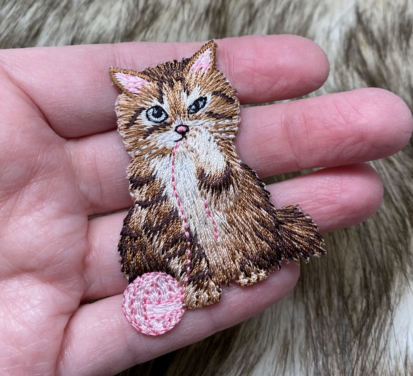 Brown Cat, Playing Pink Yarn Ball, Pets, Kitten, Embroidered, Iron on Patch