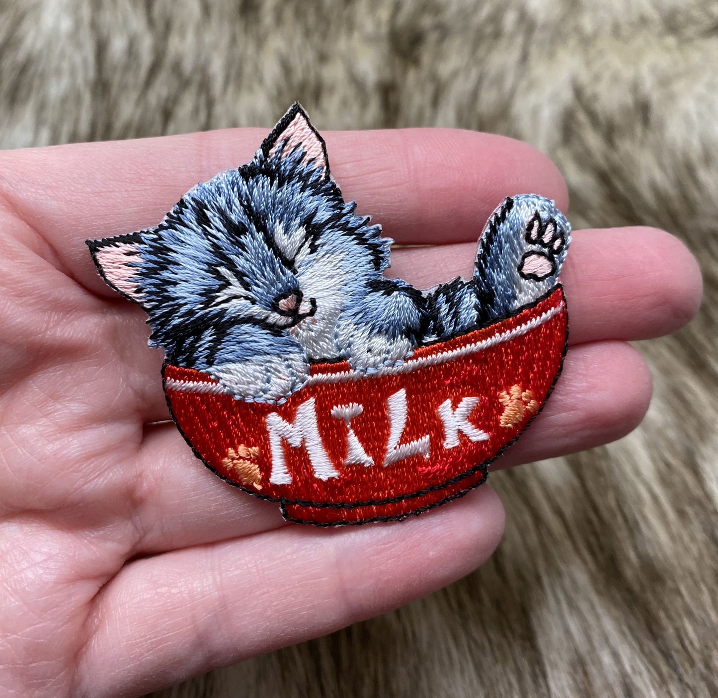 Cat in Red Milk Bowl Embroidered Iron on Patch