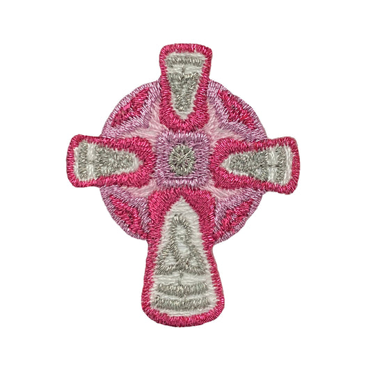 Pink and Silver Celtic Cross, Embroidered, Iron on Patch