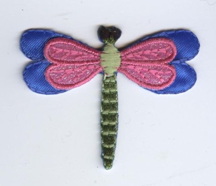 Dragonfly - Small Layered Shimmery - Blue, Pink, Red or Blue and Pink - Embroidered Patch - Iron on Applique - 152970