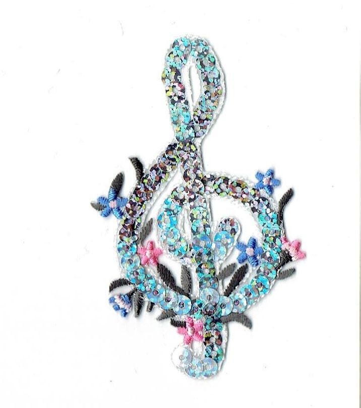 Silver Sequin - Music G Treble Clef - Note - Iron on Applique - Embroidered Patch - 1113081-A