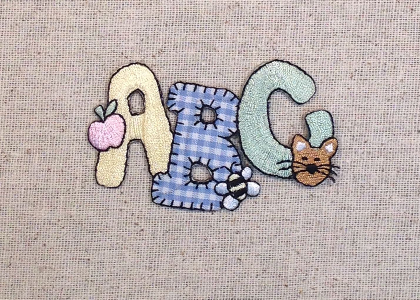 ABC - Gingham and Pastel - Apple, Bee, Kitty Cat - Iron on Applique Patch - Embroidered Patch - 153923