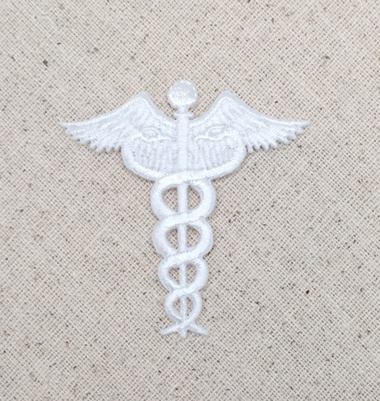 White Caduceus - Medical - Nursing - Iron on Applique - Embroidered Patch - 695238C