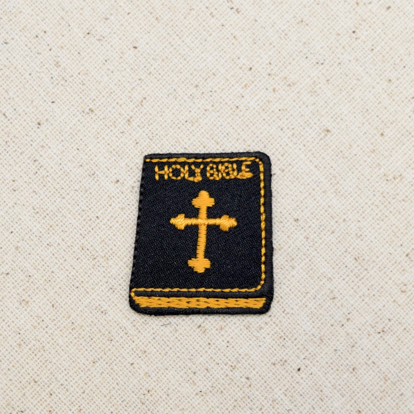 Holy Bible with Cross - Black and Yellow Gold - Iron on Applique - Embroidered Patch - 695646A