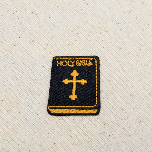 Holy Bible with Cross - Black and Yellow Gold - Iron on Applique - Embroidered Patch - 695646A