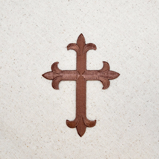 Fleur De Lis - Religious Cross - Chocolate Brown - 4" - Embroidered Patch - Iron on Applique - WA023