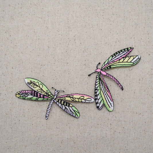 Two Dragonflies - Dragonfly - Lime Green and Pink - Iron on Applique - Embroidered Patch - 632520-A