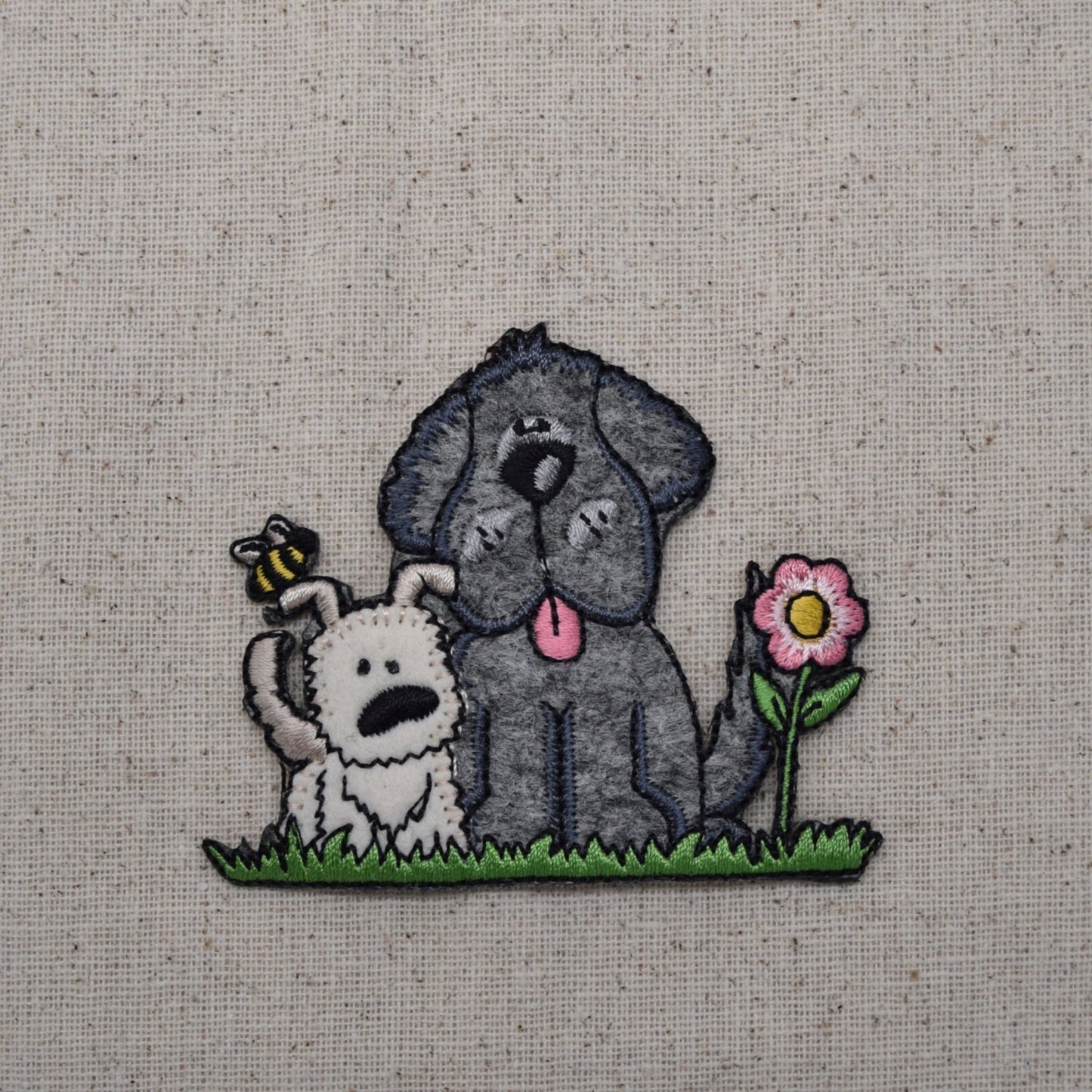 Two Puppy Dogs with Flower - Iron on Embroidered Patch