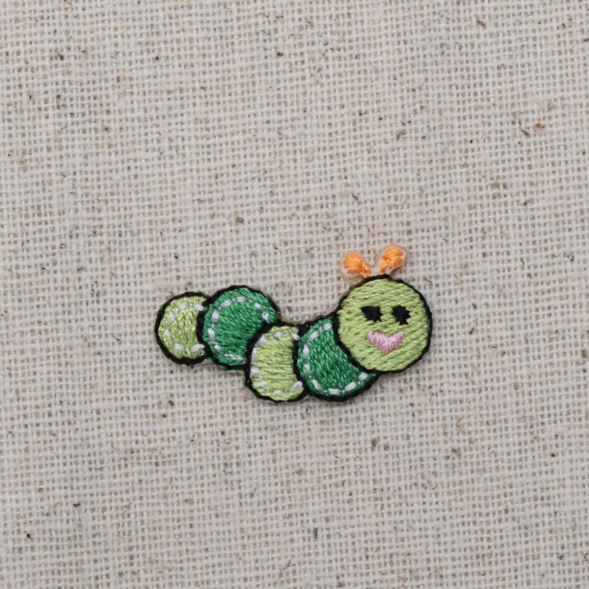 Green Caterpillar, Smiling Face, Embroidered, Iron on Patch, 1-1/8" mini size