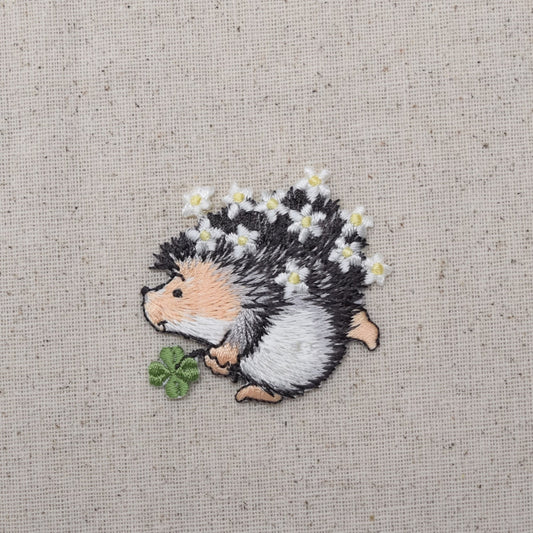 Hedgehog with Clover and Flowers - Embroidered Patch - Iron on Applique 154379-A