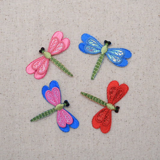 Dragonfly - Small Layered Shimmery - Blue, Pink, Red or Blue and Pink - Embroidered Patch - Iron on Applique - 152970