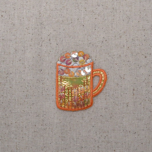 Beer Mug - Orange Sequin - Drink - Iron on Applique - Embroidered Patch - 695663-A