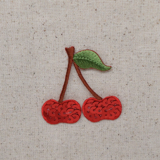 Cherries - Two Cherry on Stem - Red Sequin - Iron on Applique - Embroidered Patch - 154121A