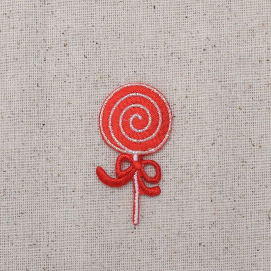 Lollipop - Red and Silver Swirl - Candy - Embroidered Patch - Iron on Applique - 696242-A