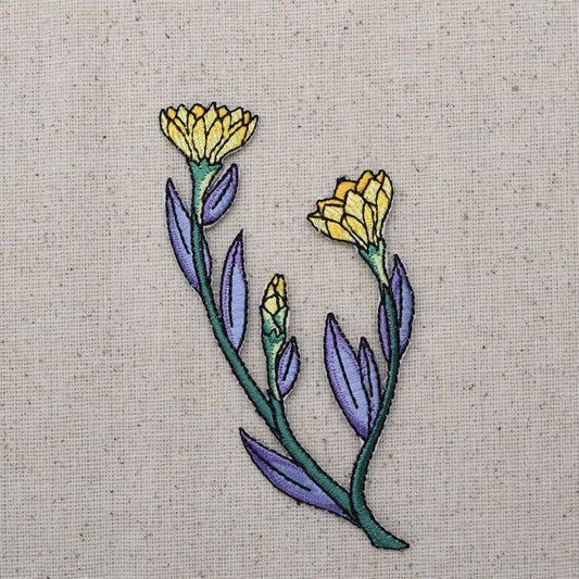 Yellow Flowers - with Purple Foliage Leaves -  Iron on Applique - Embroidered Patch - 896286A