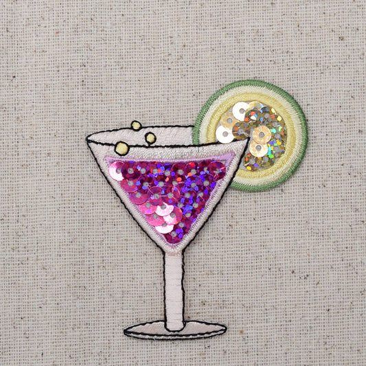 Margarita Cocktail- Pink Sequin - Tropical Drink - Iron on Applique - Embroidered Patch - 154326A