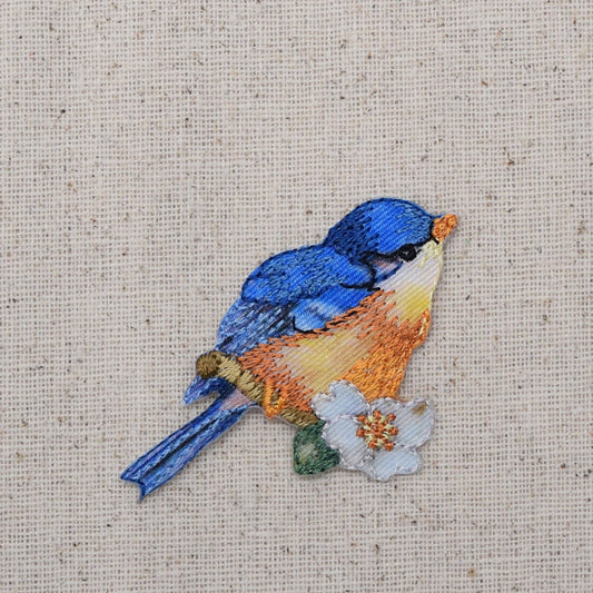 Blue Bird - Orange Breast - White Flower - Facing Right - Iron on Applique - Embroidered Patch