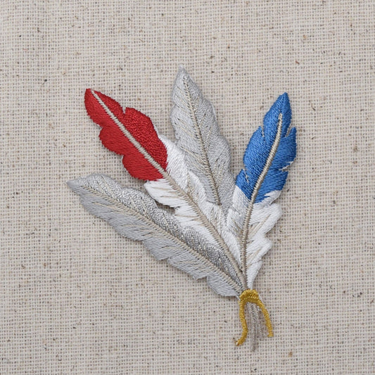 Indian - Feathers - Red, White, Blue, Gray - Southwest - Iron on Applique - Embroidered Patch - 695731A