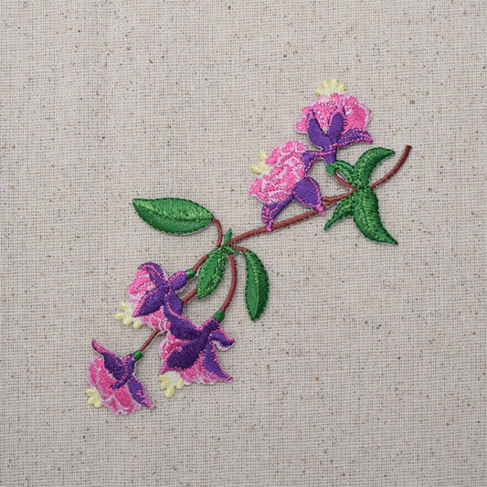 Fuchsia Flowers - Lady's Ear Drops - Pink and Purple - Iron on Applique - Embroidered Patch