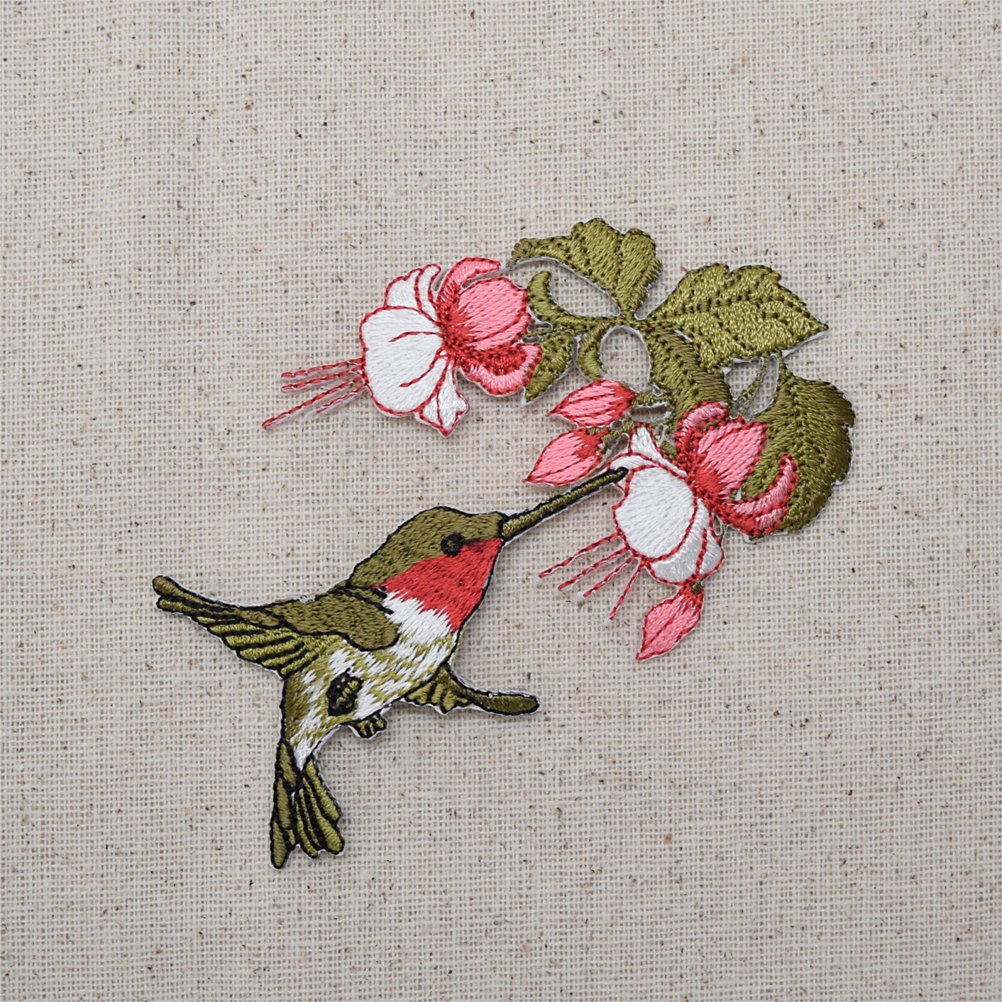 Ruby Red Throat Hummingbird - Pink Flowers - Facing Right - Iron on Applique - Embroidered Patch - 696071-A