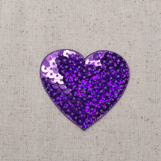 Purple Sequin Heart - Valentine, Iron on Applique - Embroidered Patch