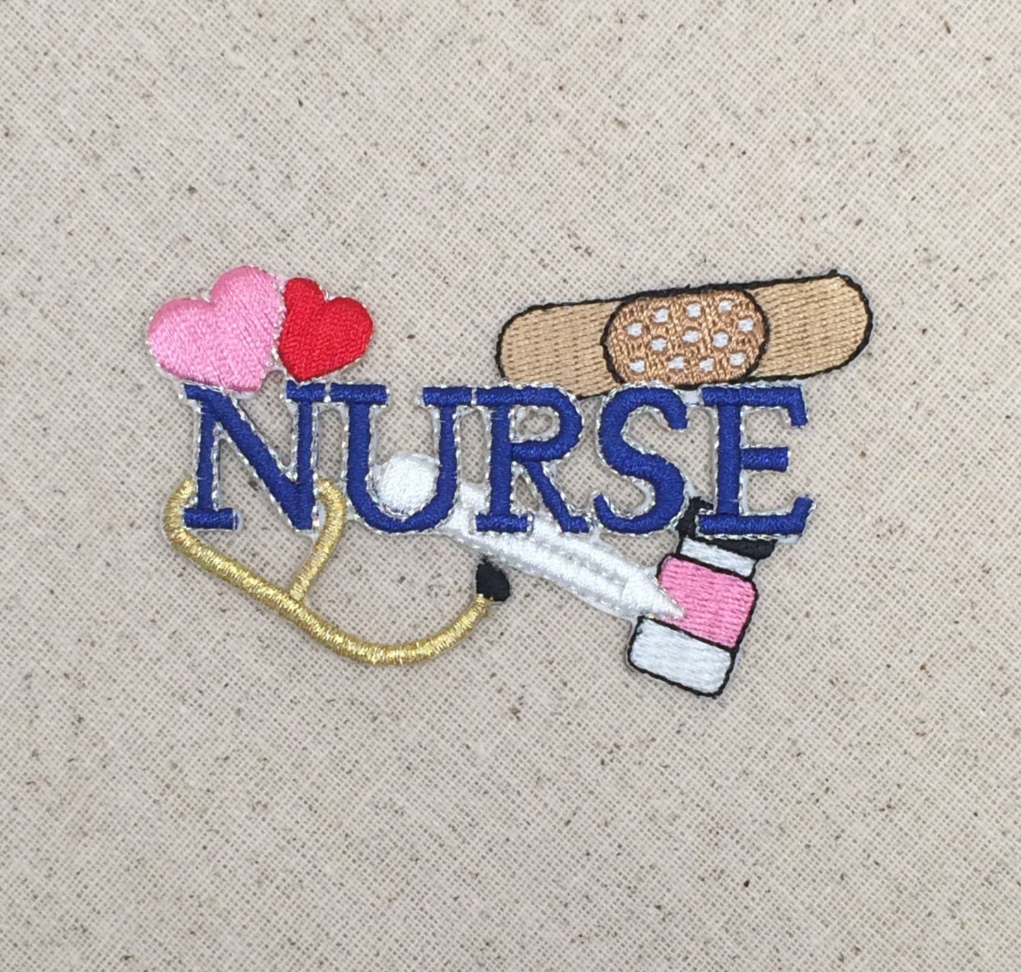 Blue Nurse - Hearts, Medical Stethoscope, Band-aid, Medicine - Iron On Applique - Embroidered Patch